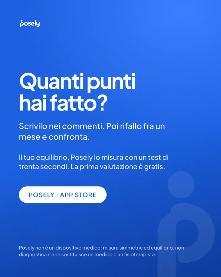 Quanti punti hai fatto? Scrivilo nei commenti. Poi rifallo fra un mese e confronta. Il tuo equilibrio, Posely lo misura con un test di trenta secondi. La prima valutazione è gratis. Posely non è un dispositivo medico: misura simmetrie ed equilibrio, non diagnostica e non sostituisce un medico o un fisioterapista.