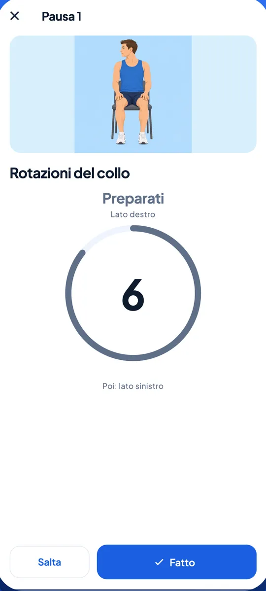 Schermata di Posely: una pausa con le rotazioni del collo da seduti, con la figura dell'esercizio e il conto alla rovescia