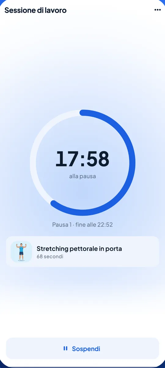 Schermata di Posely: sessione di lavoro, 17 minuti e 58 secondi alla prossima pausa, con l'esercizio già scelto